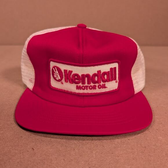 Vintage 80s Kendall Motor Oil Hat Red White Foam Front Mesh Snapback Cap USA - Picture 2 of 7